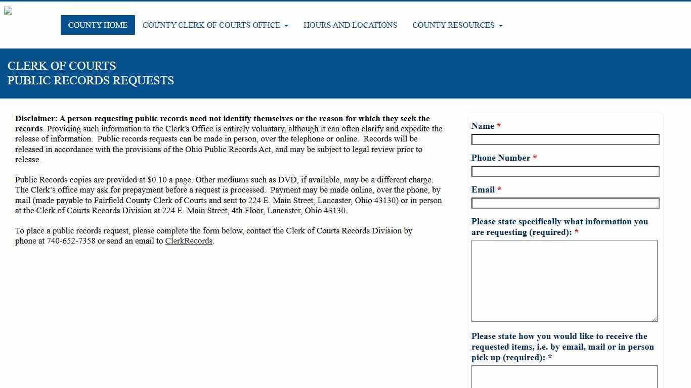 Public Records Requests - Fairfield County Clerk of Courts, Lancaster, Ohio