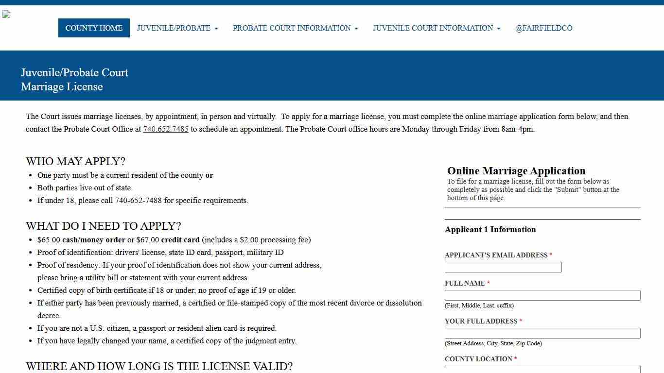 Marriage License - Fairfield County Juvenile/Probate Court, Lancaster, Ohio